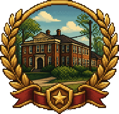 The old red brick Sherwood schoolhouse in a gold laurel wreath