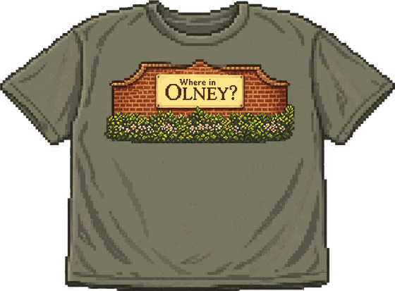 The Where in Olney t-shirt, pixel-art style
